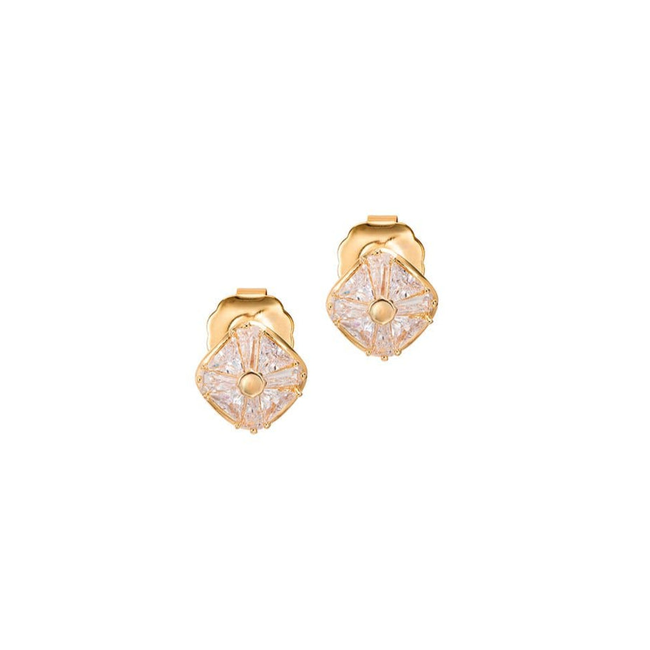 A pair of gold-colored Madalene earrings with a geometric pattern design.