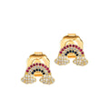 A pair of gold-colored earrings with multicolored gemstones set in a protective setting.