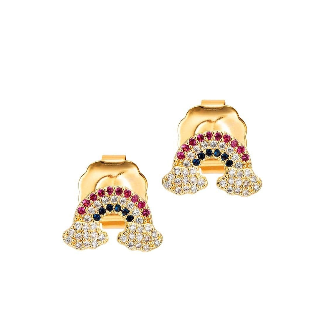 A pair of gold-colored earrings with multicolored gemstones set in a protective setting.